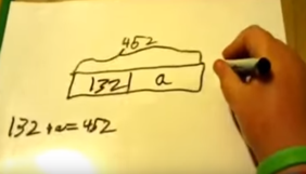 Using a whiteboard, Tucker shows a tape diagram showing 452 is 132 and a. Below, 132 + a = 452.