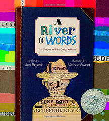 A book cover for A River of Words, showing a silver Caldecott award  next to a paper man in a hat cut out from newspaper print.